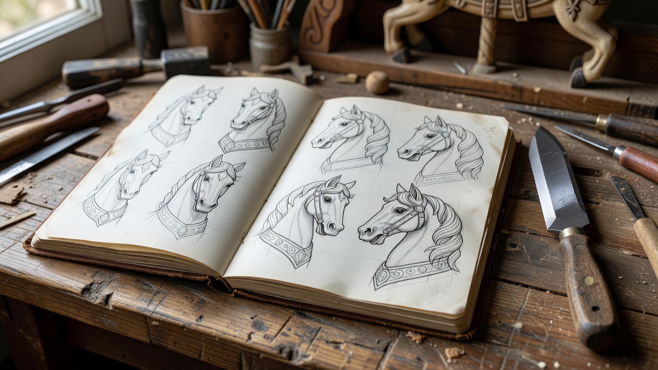 Open notebook with pencil sketches of carousel horse heads beside a carving knife