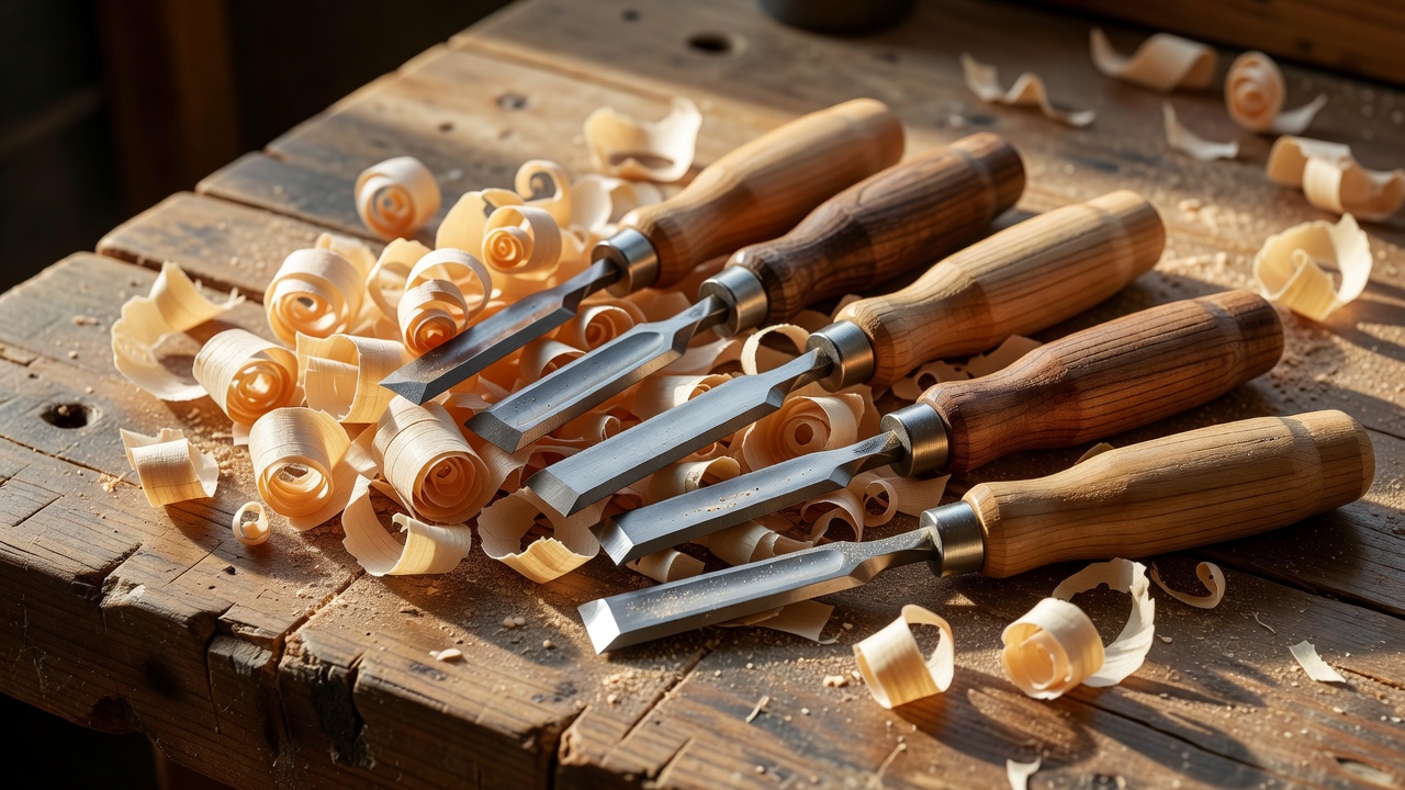 Wood carving gouges resting on curled basswood shavings on a warmly lit workbench