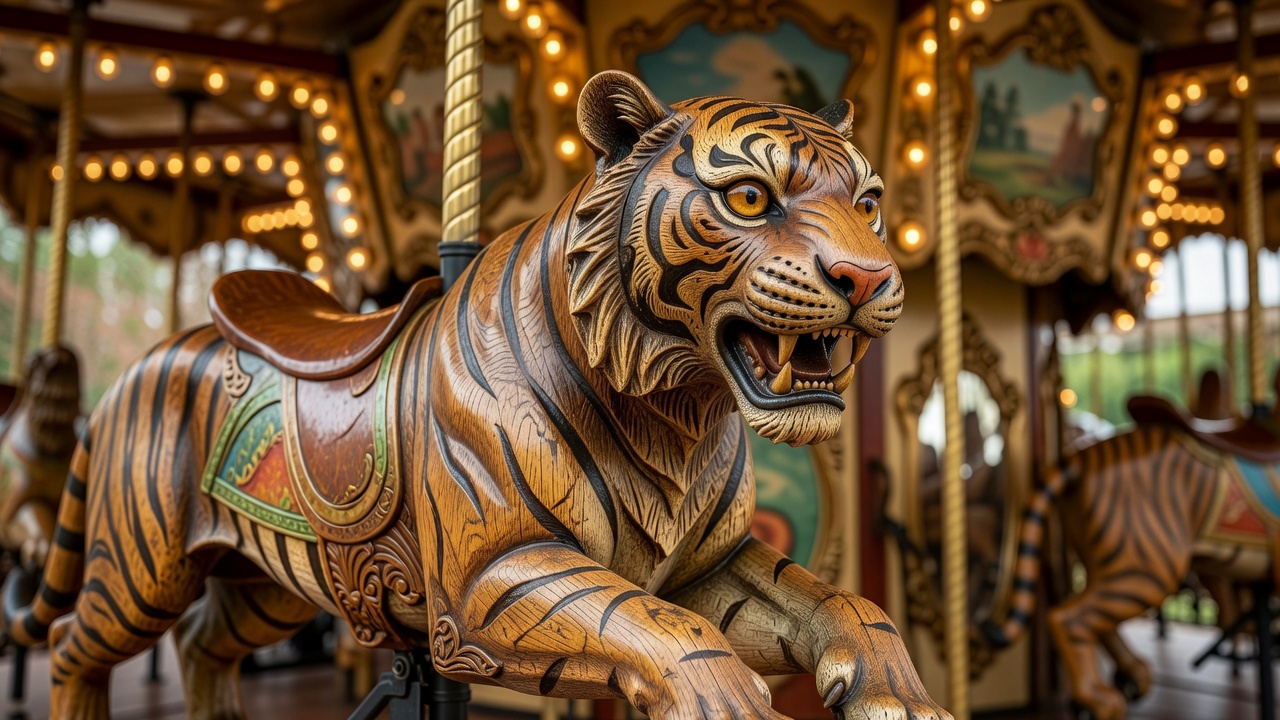 Shallow-focus close-up of a carved wooden tiger with glass eyes on an antique menagerie carousel