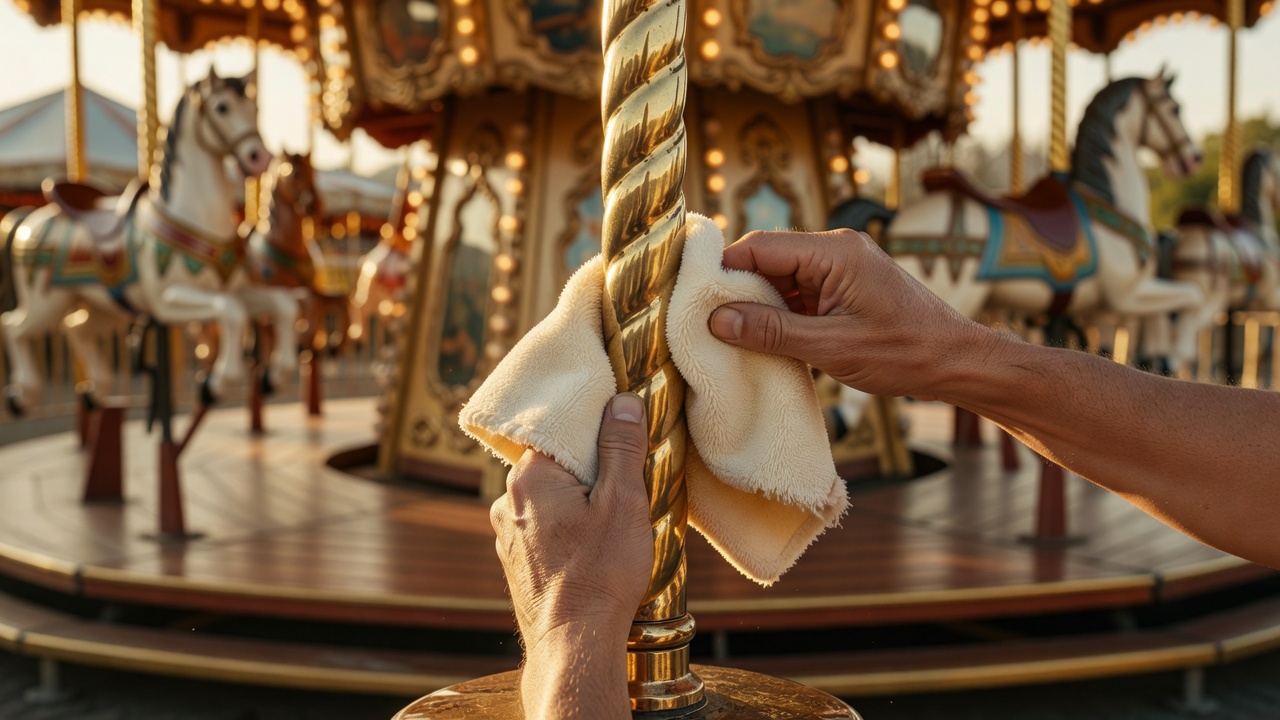 Hands polishing a twisted brass carousel pole with a soft cloth in warm light