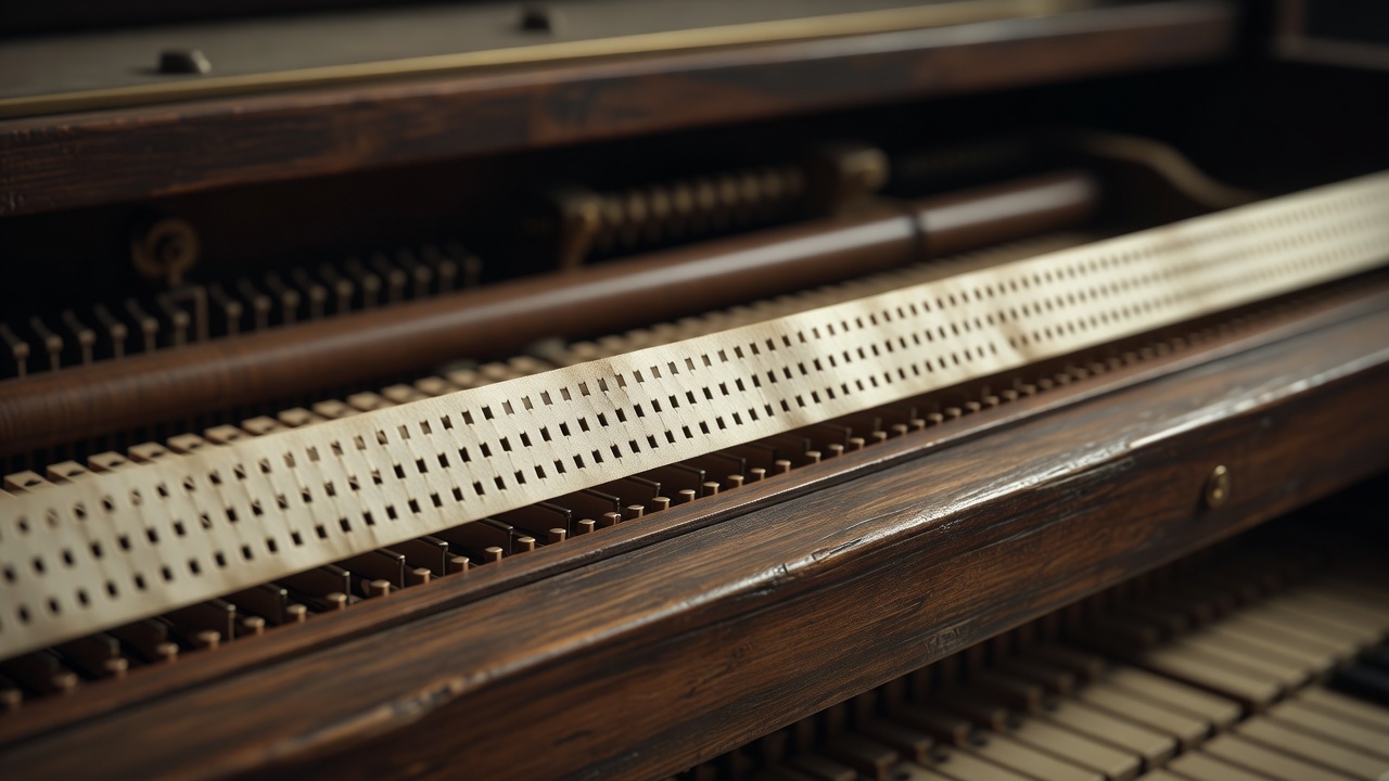 Close-up of a perforated paper music roll threading over a wooden tracker bar