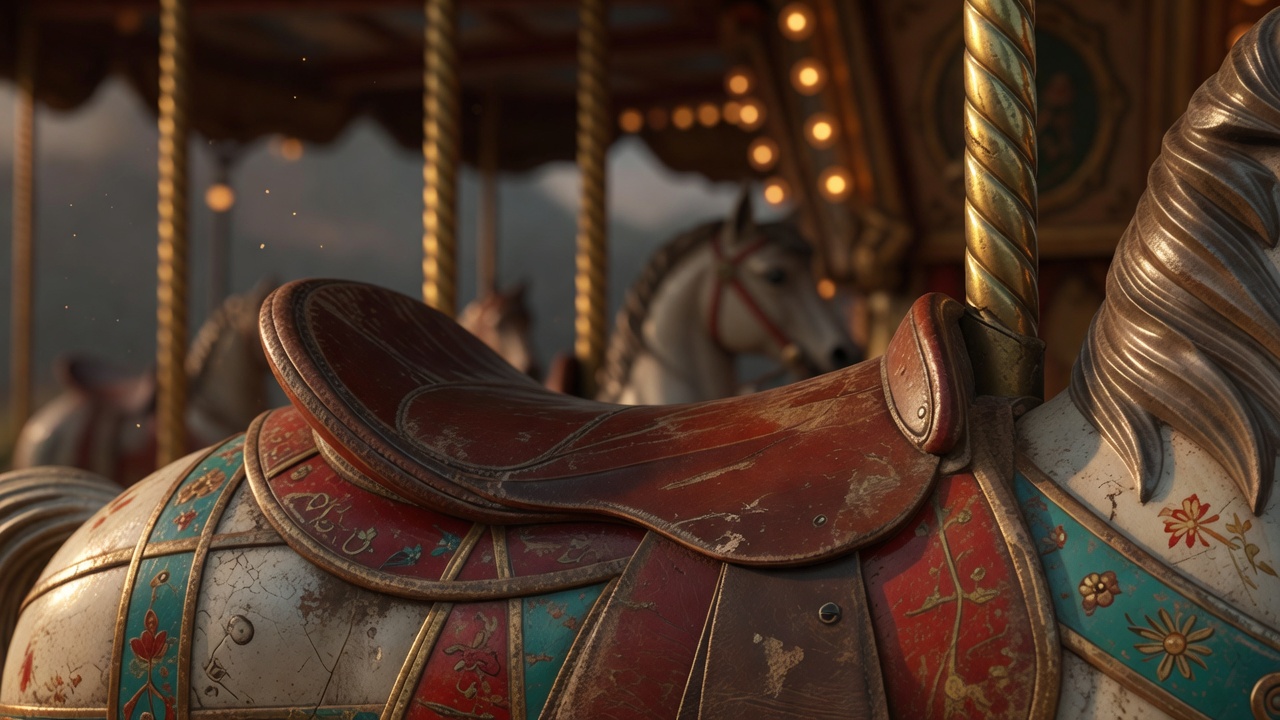 Worn painted saddle and brass pole of a vintage carousel horse in soft golden light